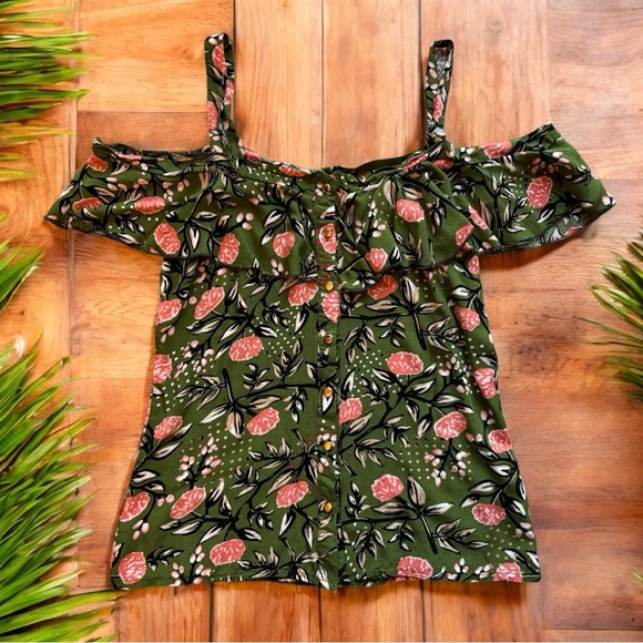 Red Leaf Green Floral Ruffle Button-Front Sleeveless Top – Size S - Picture 7 of 13